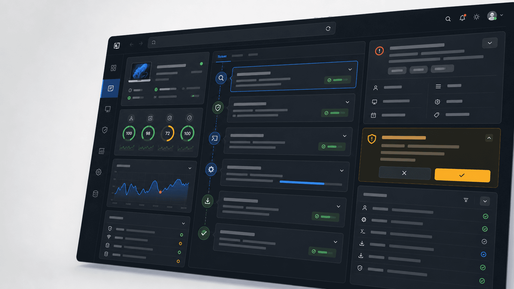 GenticFlow command center showing endpoint investigation, policy approval, ticket context, and audit history