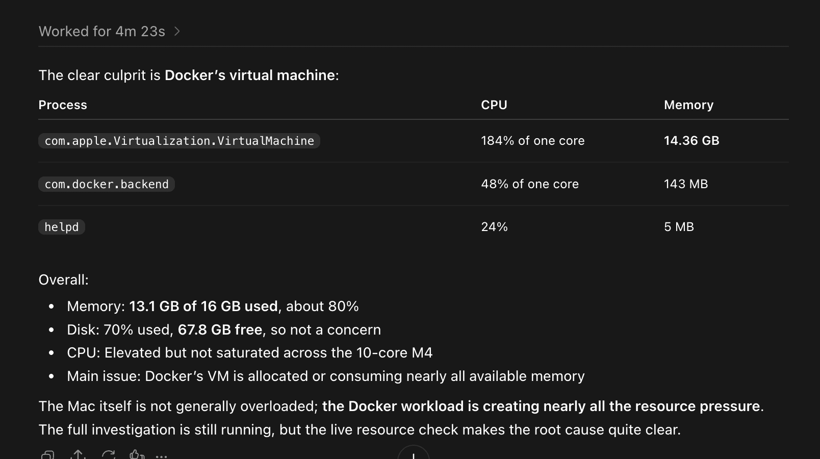 ChatGPT response showing live CPU and memory readings for the Mac mini, with Docker's virtual machine highlighted among the largest resource consumers.