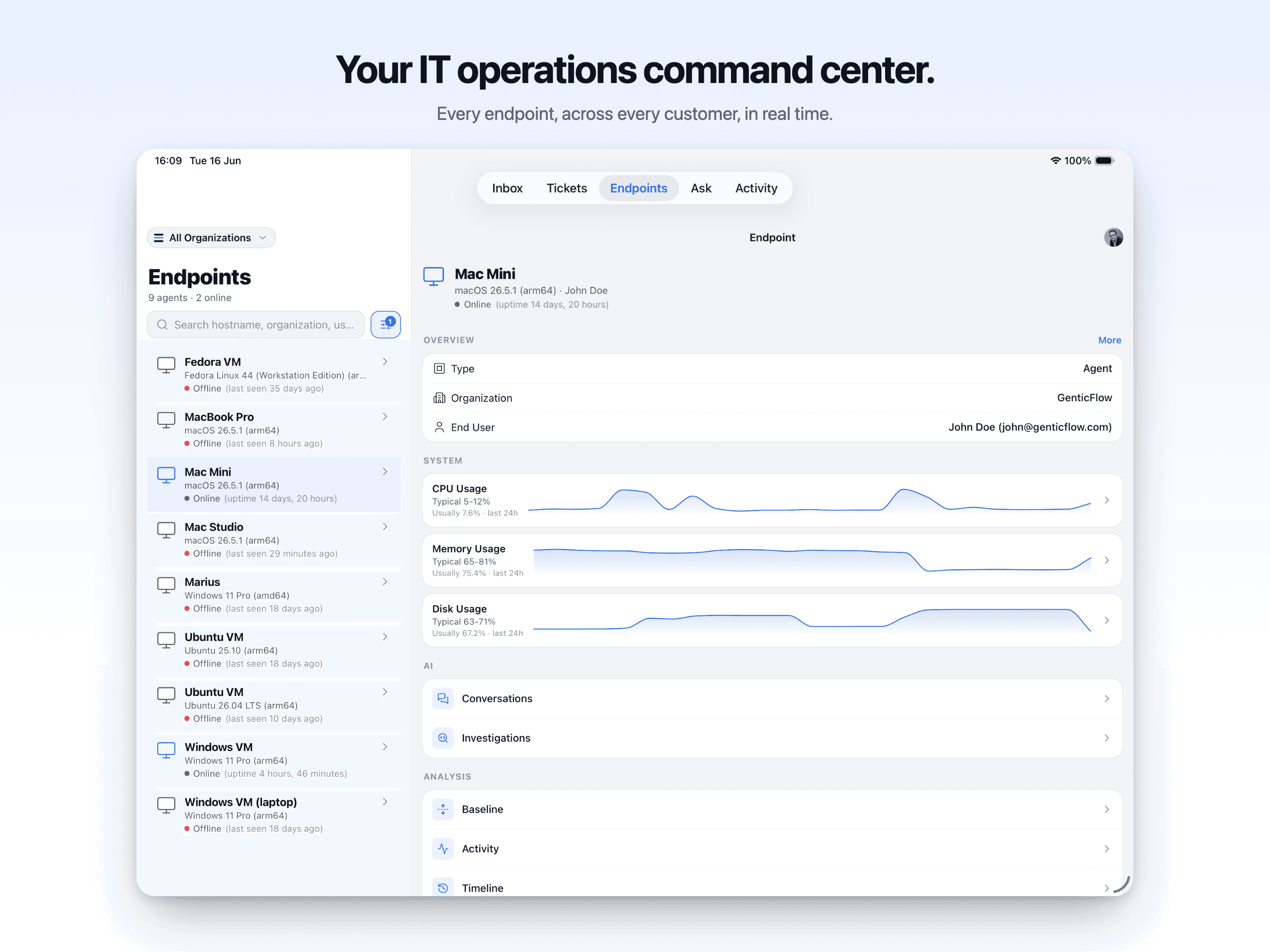GenticFlow endpoint command center on iPad